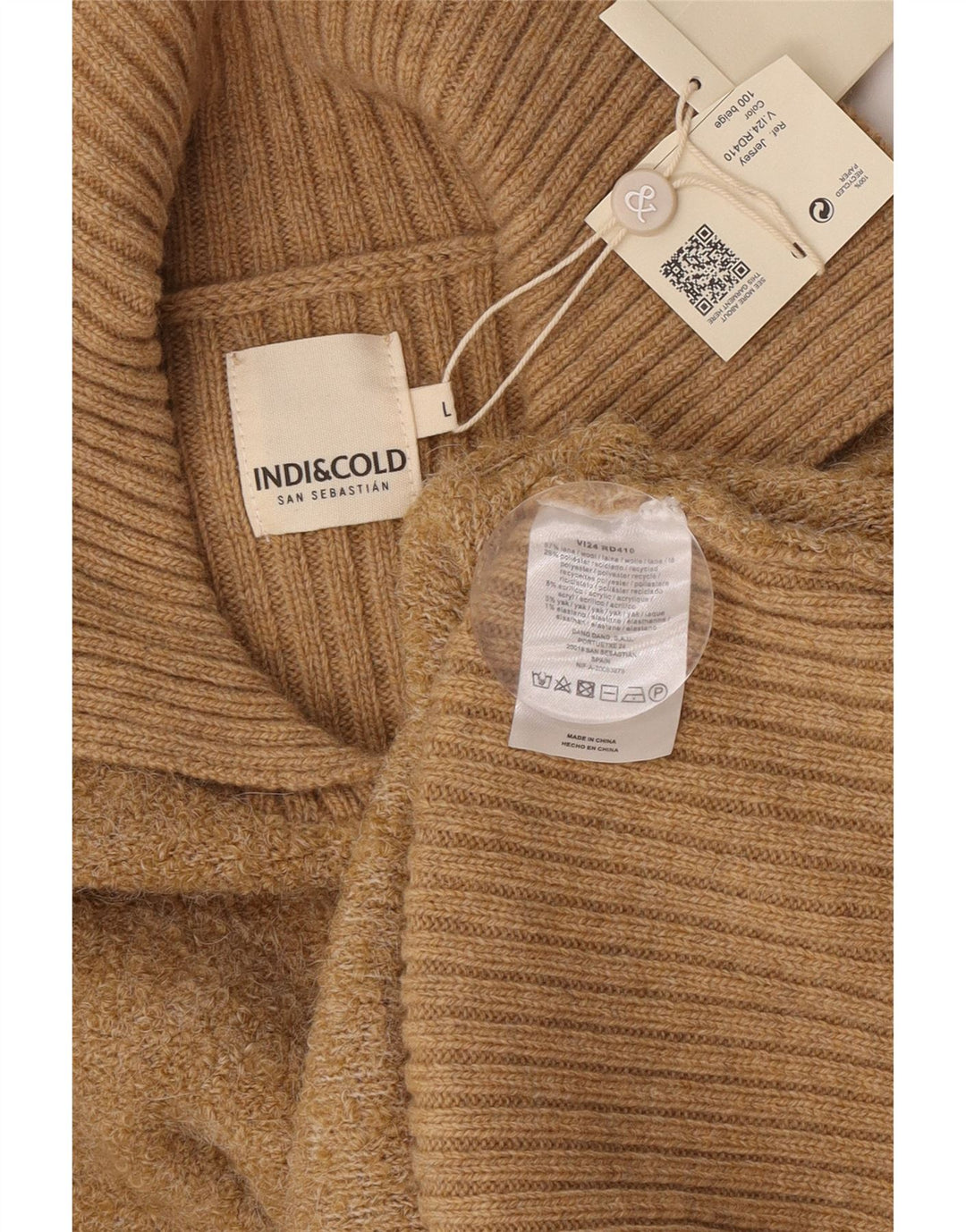 Damski sweter oversize Indi & Cold Sweter polo UK16, duży, beżowy, wełniany