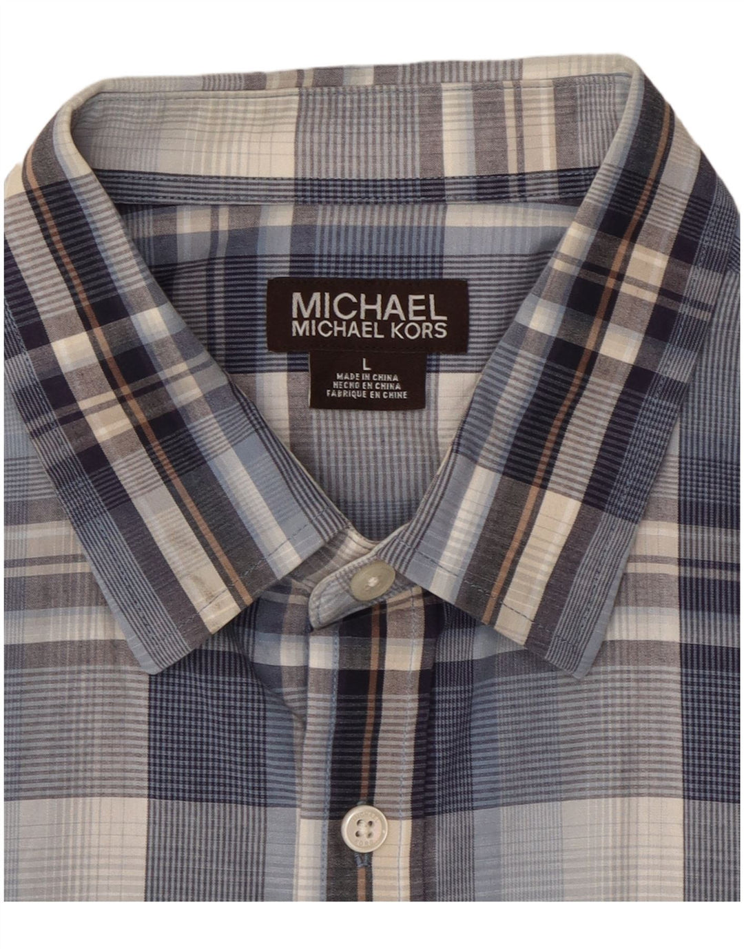 Koszula męska z krótkim rękawem MICHAEL KORS, bawełniana, w dużą niebieską kratkę