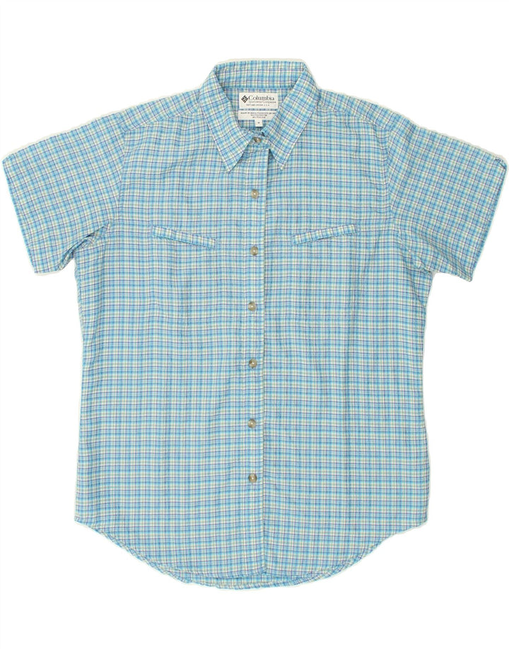 COLUMBIA Womens Short Sleeve Shirt UK 14 Medium Blue Check Polyester Vintage Columbia and Second-Hand Columbia from Messina Hembry 