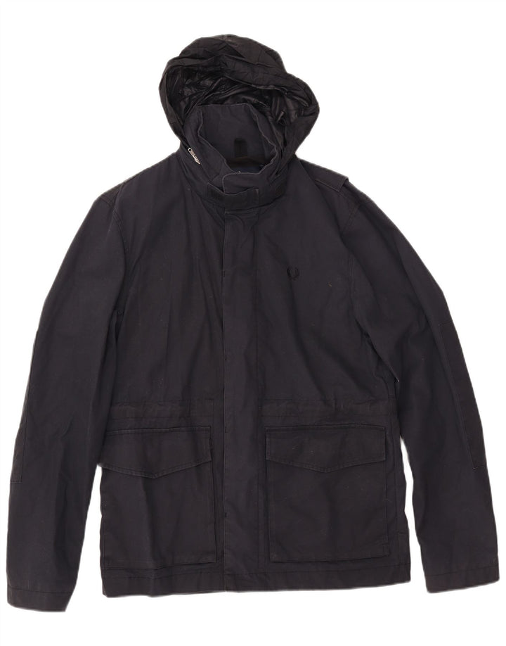 Męska kurtka wiatrówka z kapturem FRED PERRY UK 36, mała, granatowa, bawełniana