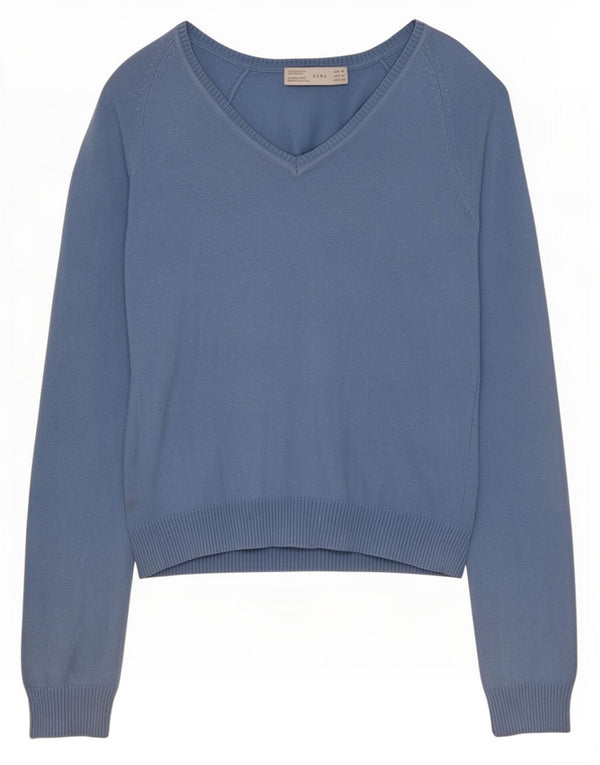Sweter damski Zara z dekoltem w kształcie litery V, UK 12, średni niebieski, bawełniany