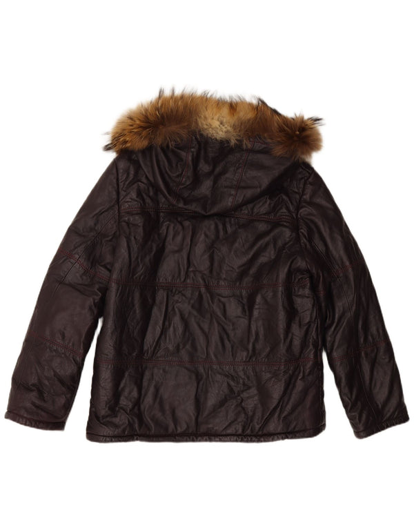 Damska skórzana kurtka z kapturem VINTAGE UK 16, duża bordowa