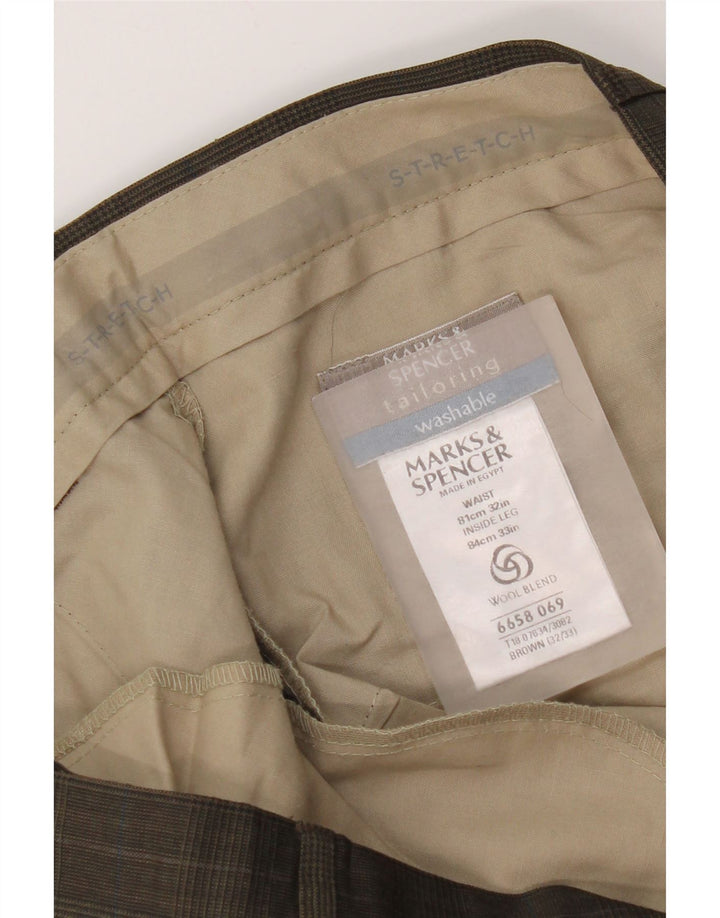 Marks & Spencer Męskie proste spodnie garniturowe W32 L29 Brązowe pepitkę