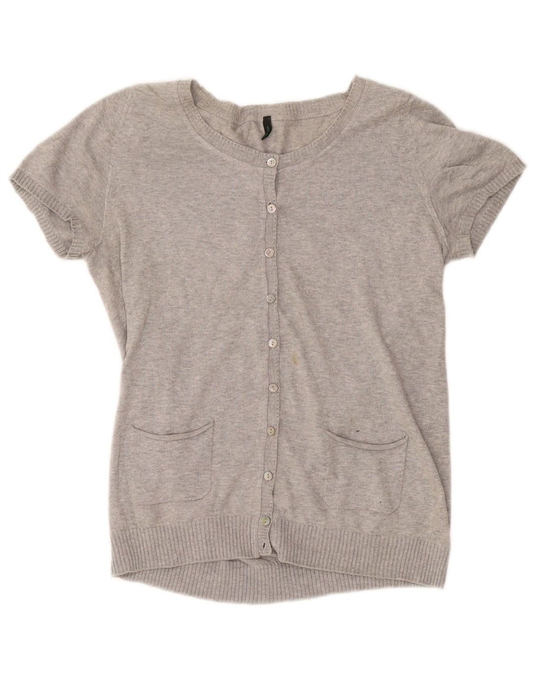 Damski sweter rozpinany BENETTON z krótkim rękawem UK 12, średnioszary, nakrapiany