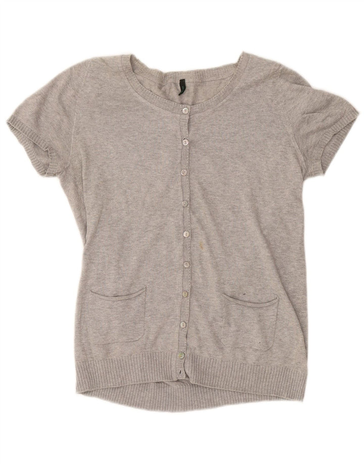 Damski sweter rozpinany BENETTON z krótkim rękawem UK 12, średnioszary, nakrapiany