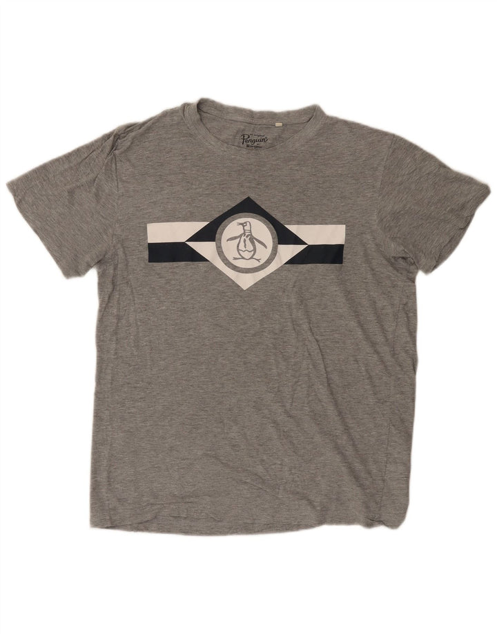 Męski T-shirt z grafiką Pingwin, duży, szary, bawełniany