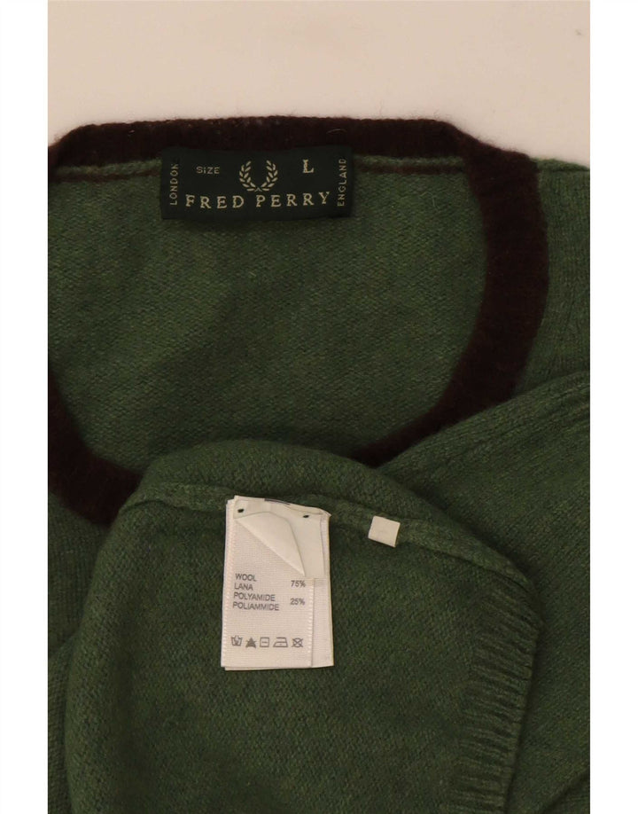 Męski sweter Fred Perry z okrągłym dekoltem, duży, zielony, wełniany