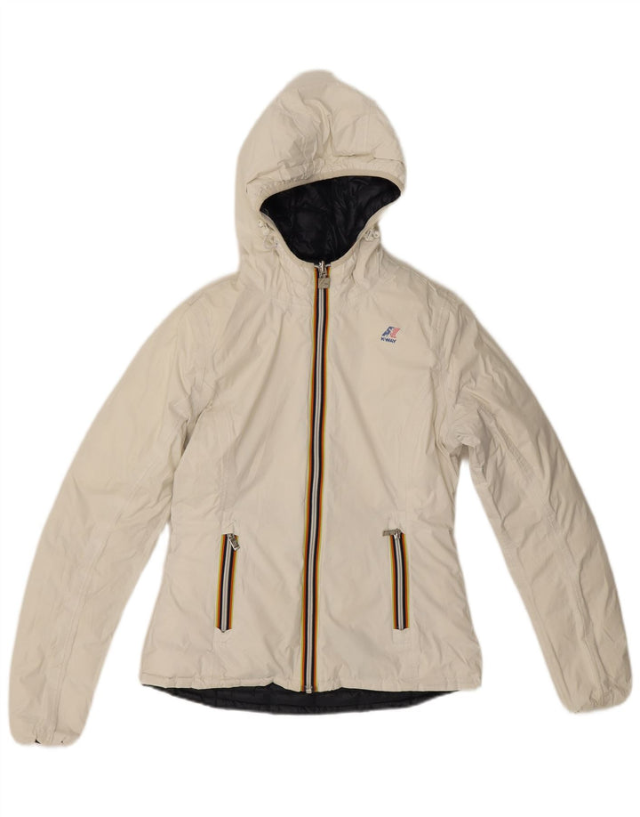 Dwustronna ocieplana kurtka damska K-Way z kapturem UK 8, mała, czarna, z poliamidu