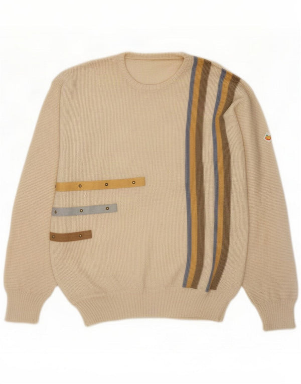 Męski sweter z okrągłym dekoltem w stylu vintage, średnie beżowe paski