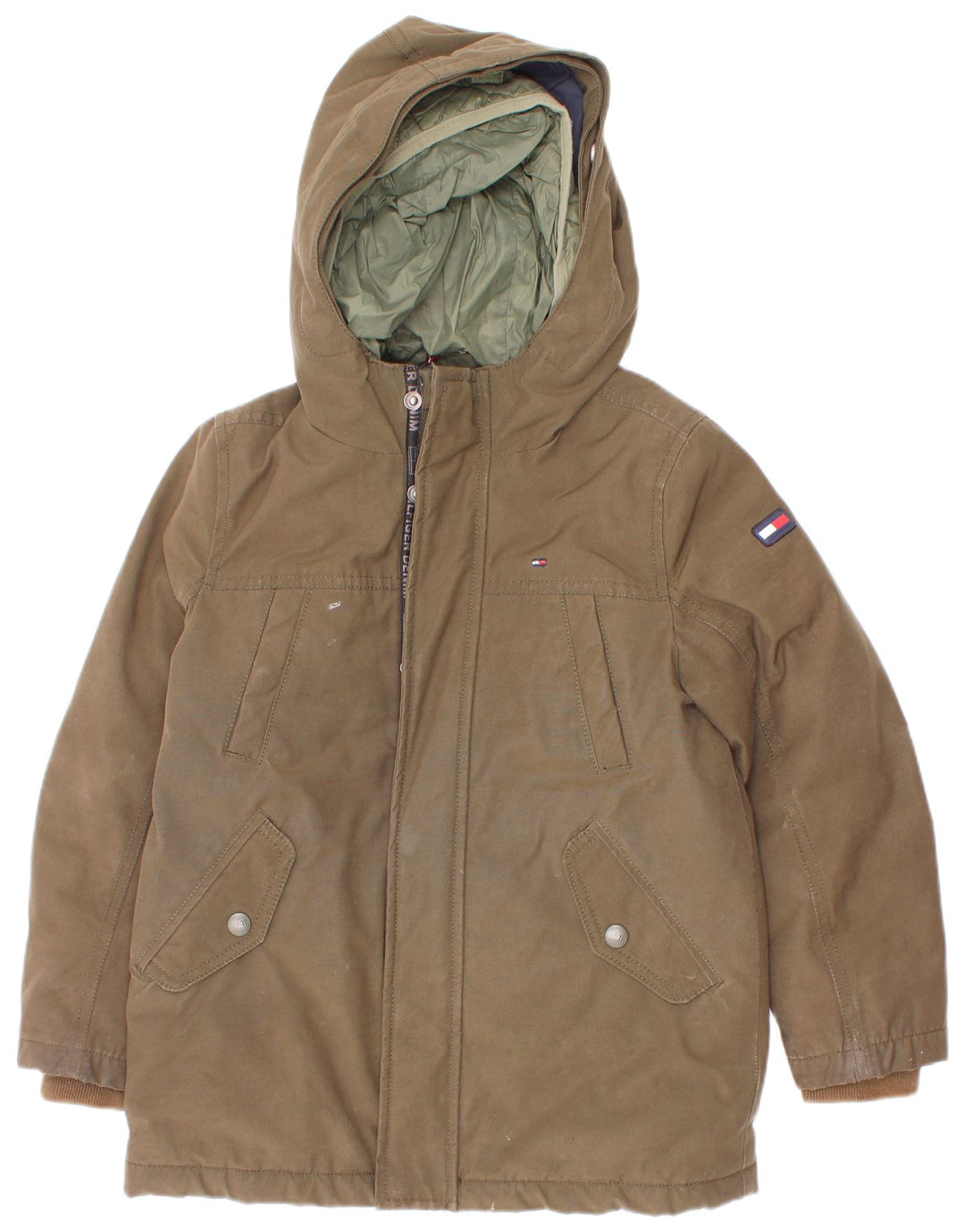 Tommy Hilfiger Chłopięca kurtka parka z kapturem, 5-6 lat, khaki, poliester