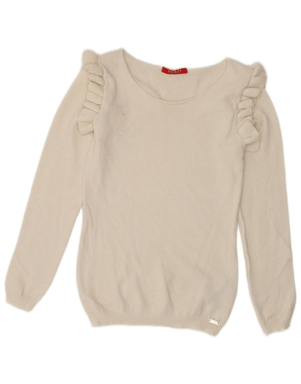 Damski sweter Guess z falbaną i dekoltem w łódkę, UK 8 Small, biała wiskoza