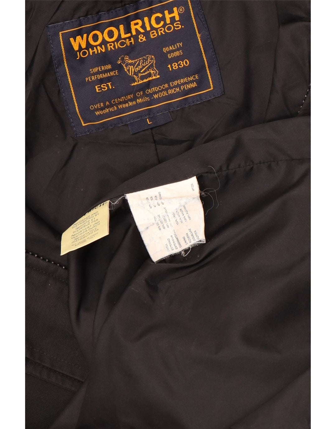 Damski płaszcz z kapturem Woolrich UK 16, duży, czarny, bawełniany