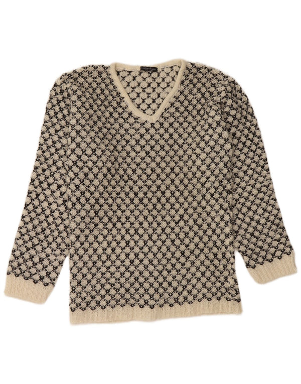 Sweter damski w stylu vintage z dekoltem w kształcie litery V, UK 14, średni, złamany biały geometryczny