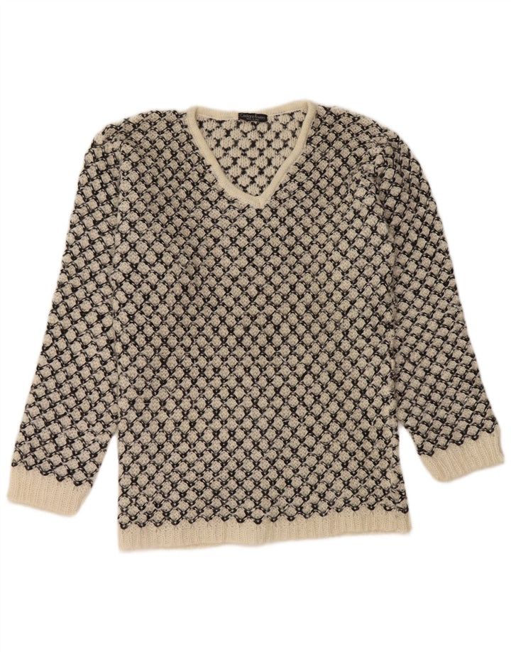 Sweter damski w stylu vintage z dekoltem w kształcie litery V, UK 14, średni, złamany biały geometryczny