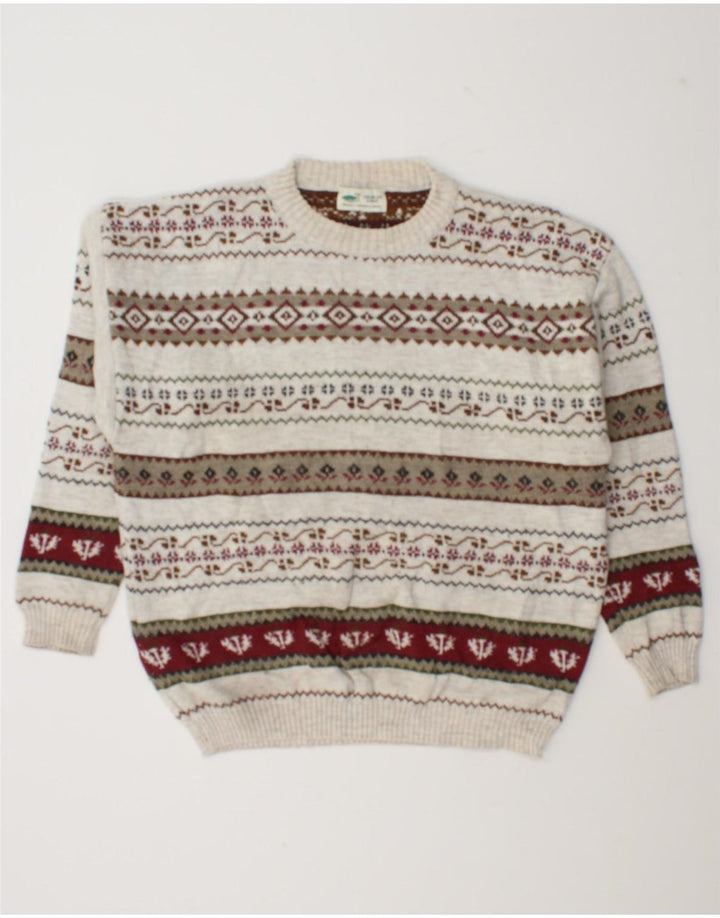 Vintage męski sweter z okrągłym dekoltem, duży, złamanej białej geometrycznej wełny