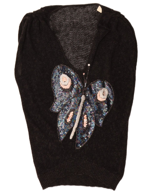 Damski sweter w stylu vintage z graficznym dekoltem w kształcie litery V, UK 16, duży czarny motyl