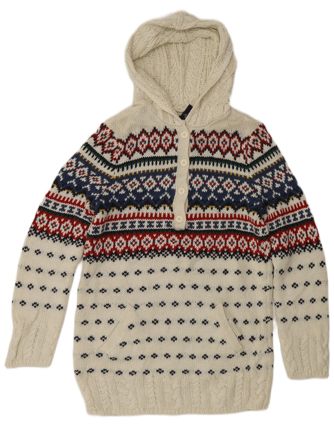 RALPH LAUREN Dziewczęcy sweter z kapturem, 15-16 lat, XL, biały, bawełniany Fair Isle