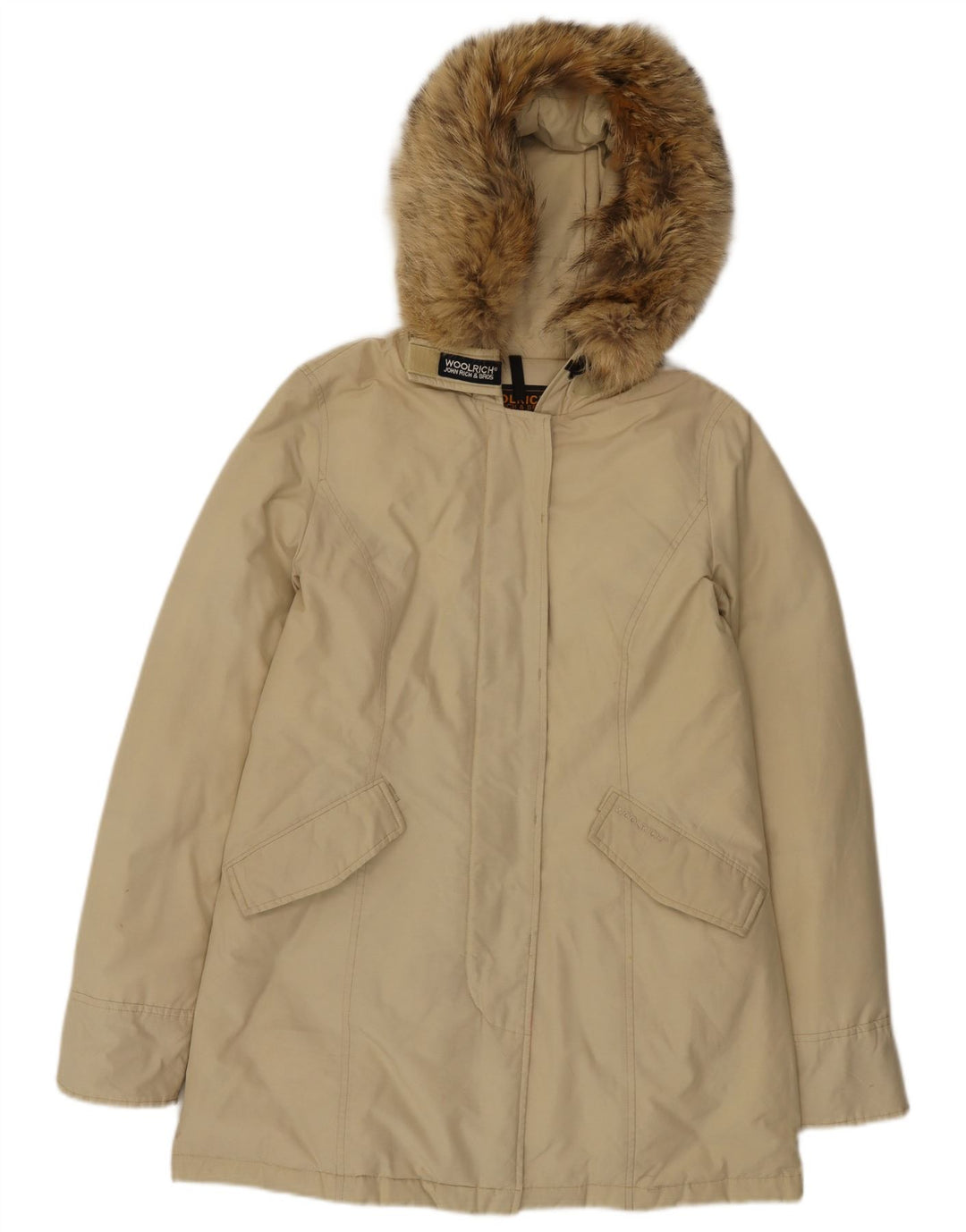 Damski ocieplany płaszcz z kapturem Woolrich UK 14, średni beż, bawełna