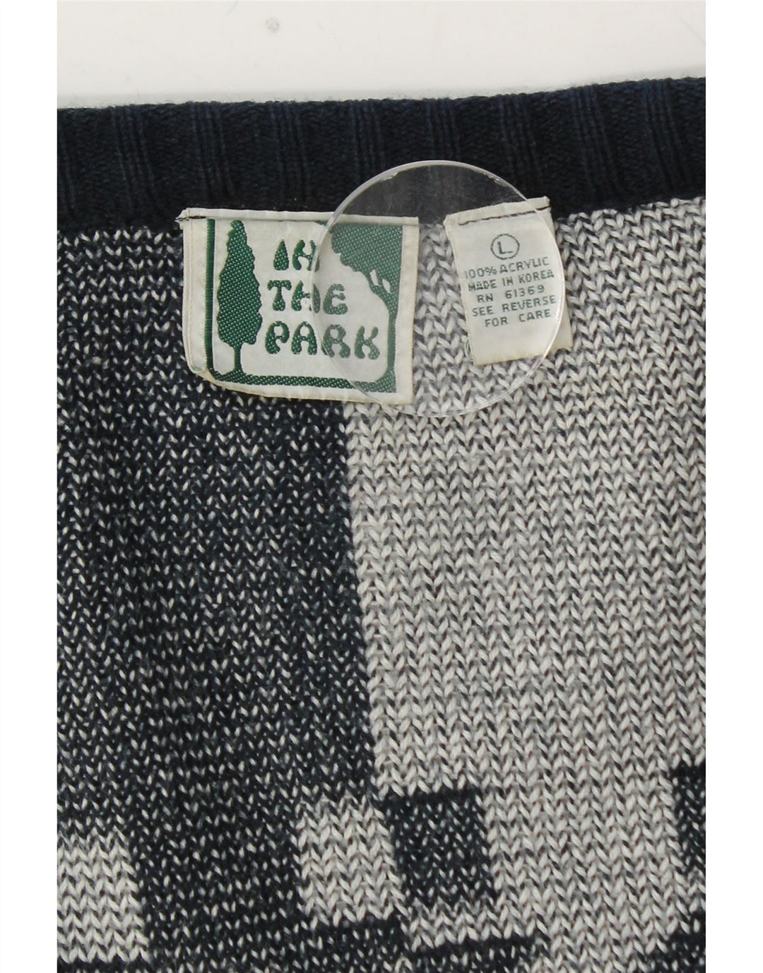 Damski sweter oversize VINTAGE UK 16, duży, granatowy, geometryczny