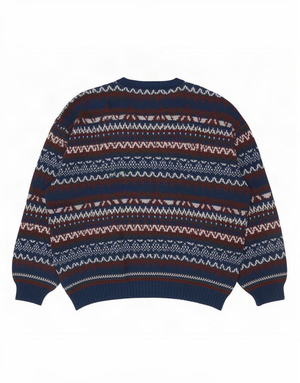 Vintage Mens V-Neck Jumper Sweater Large Navy Blue Fair Isle Wool