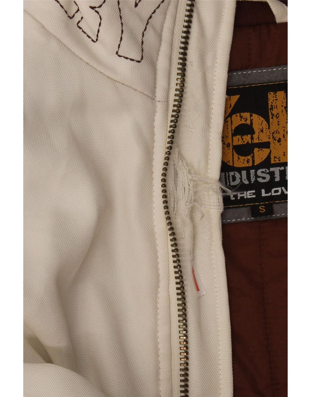 KRZYK! Męska kurtka bomberka o luźnym kroju z grafiką UK 36, mała, biała, poliestrowa