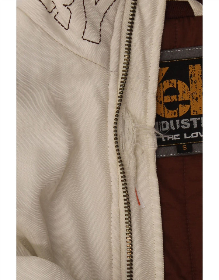 KRZYK! Męska kurtka bomberka o luźnym kroju z grafiką UK 36, mała, biała, poliestrowa