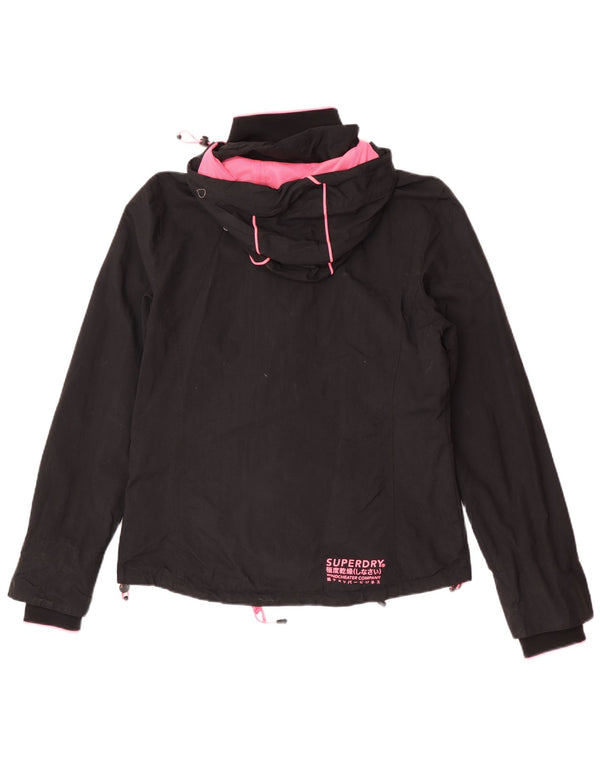 Damska kurtka przeciwdeszczowa z kapturem Superdry UK 14, duża, czarna nylonowa