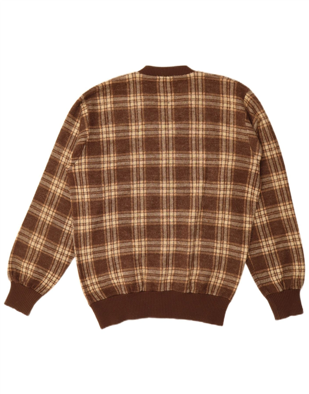 Vintage męski sweter z dekoltem w kształcie litery V, duży, brązowy akryl w kratkę