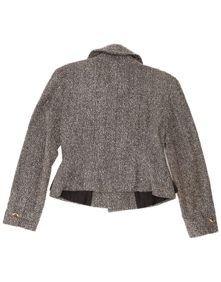Dwurzędowa marynarka damska w stylu vintage, krótka, UK 8, mała, szara, nakrapiana