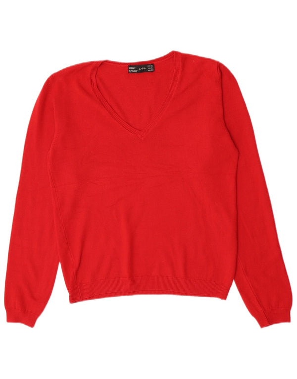 Sweter damski Zara z dekoltem w kształcie litery V, UK 14, duży, czerwony akryl