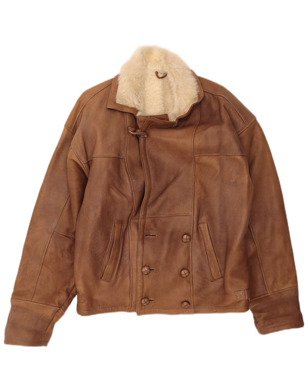 Męska kurtka shearling z podwójnymi piersiami w stylu vintage, UK 40, duży, brązowy, blok kolorów