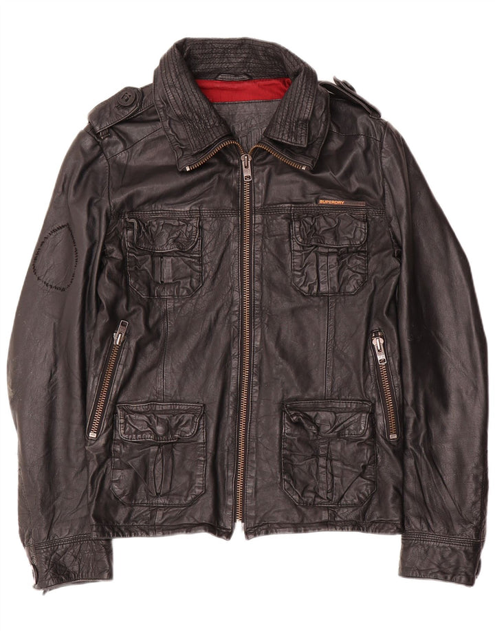 Męska skórzana kurtka wojskowa Superdry UK 36, mała czarna skóra