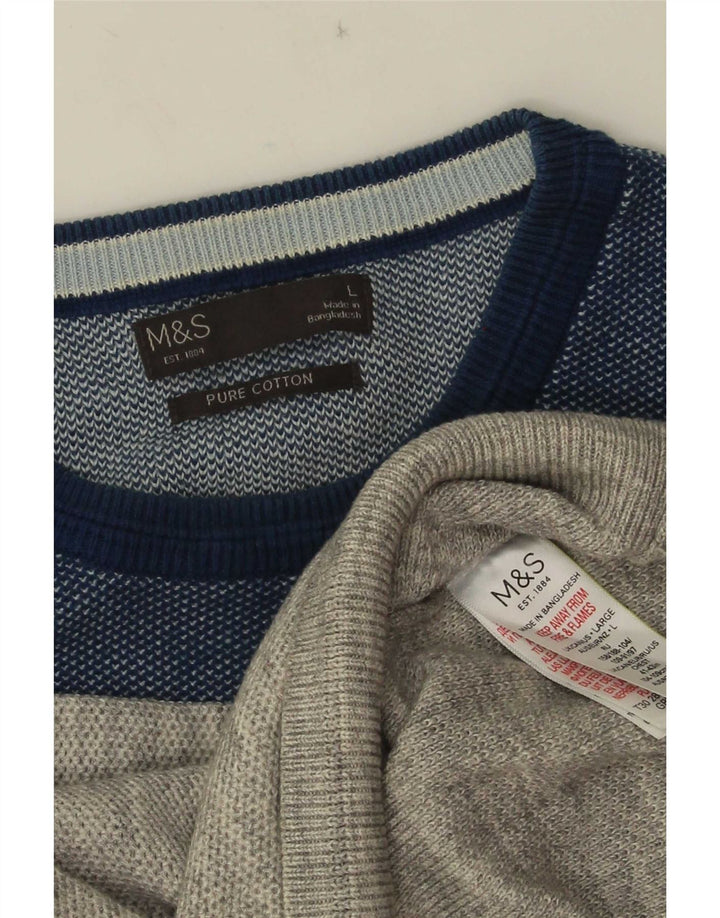 Marks & Spencer Męski sweter z okrągłym dekoltem, duży, szary, bawełniany w bloki kolorów