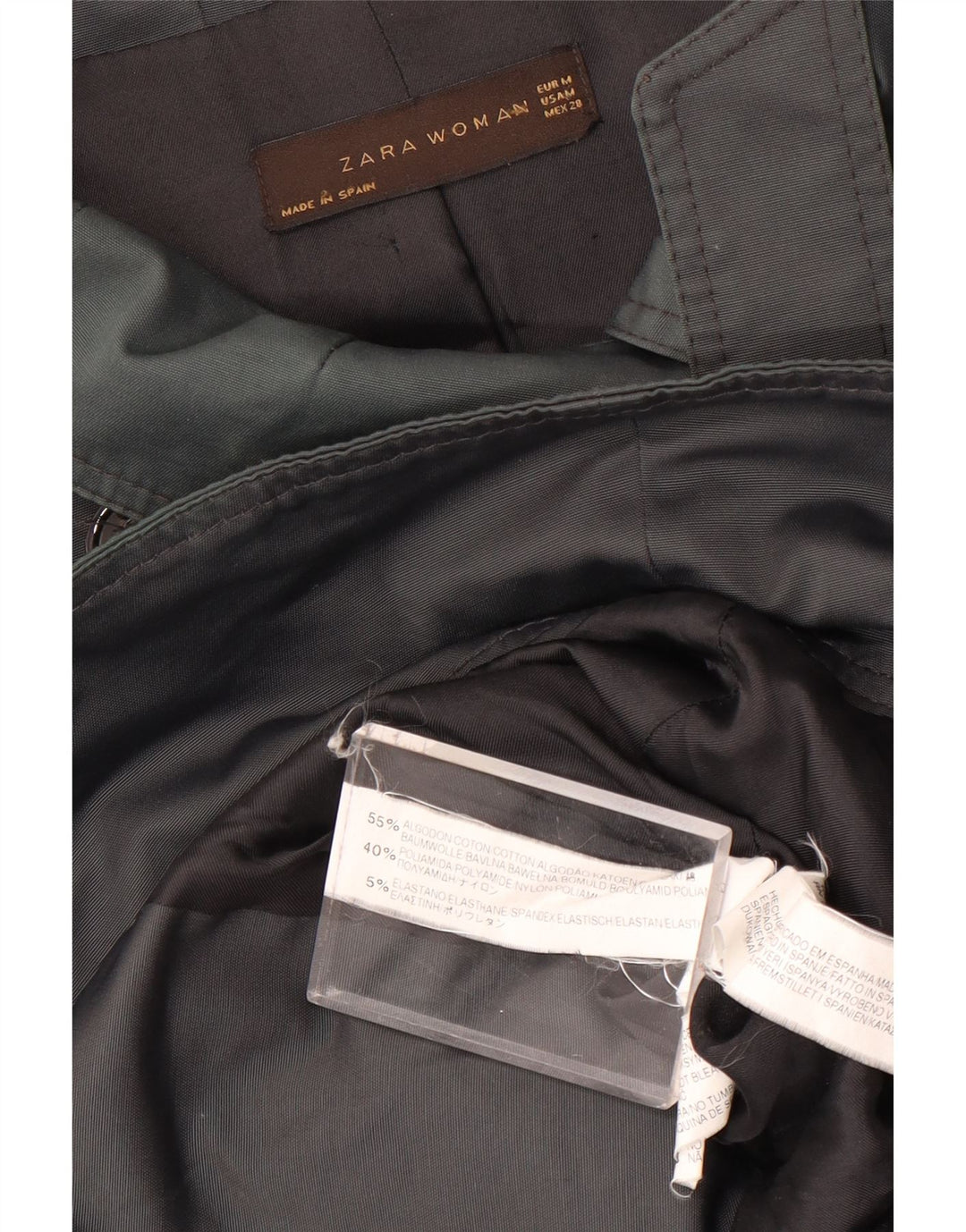 Krótki, dwurzędowy trencz damski Zara UK 14, średnioszary, bawełniany