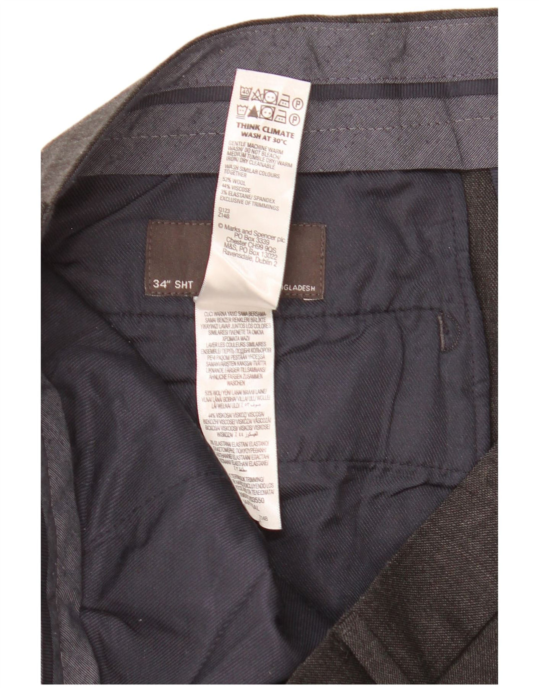 Marks & Spencer Męskie spodnie garniturowe o prostym kroju W34 L25 Szara wełna
