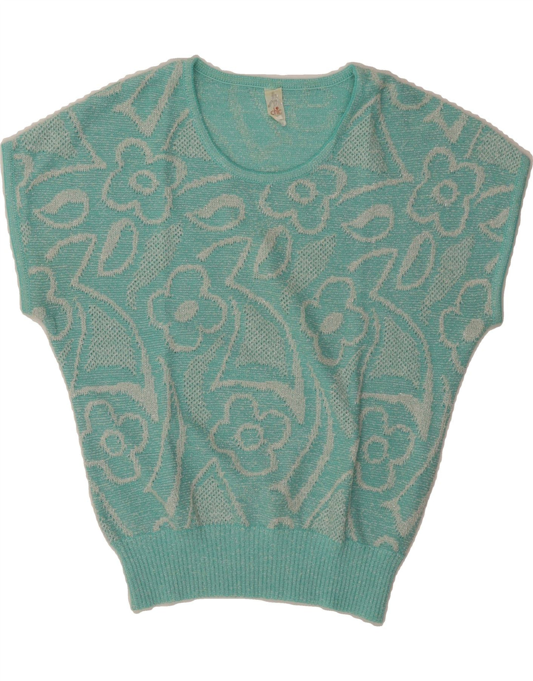 Damski sweter z okrągłym dekoltem w stylu VINTAGE IT 42 Średni niebieski w kwiaty