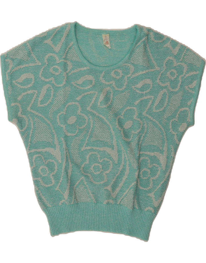 Damski sweter z okrągłym dekoltem w stylu VINTAGE IT 42 Średni niebieski w kwiaty
