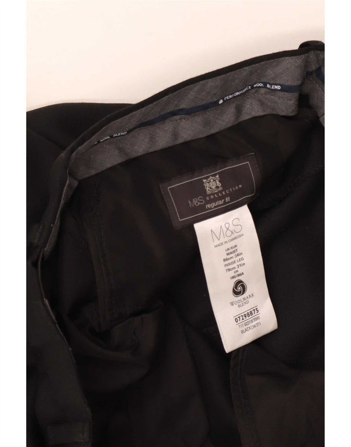 Marks & Spencer Męskie proste spodnie garniturowe o regularnym kroju W34 L31 Czarna wełna