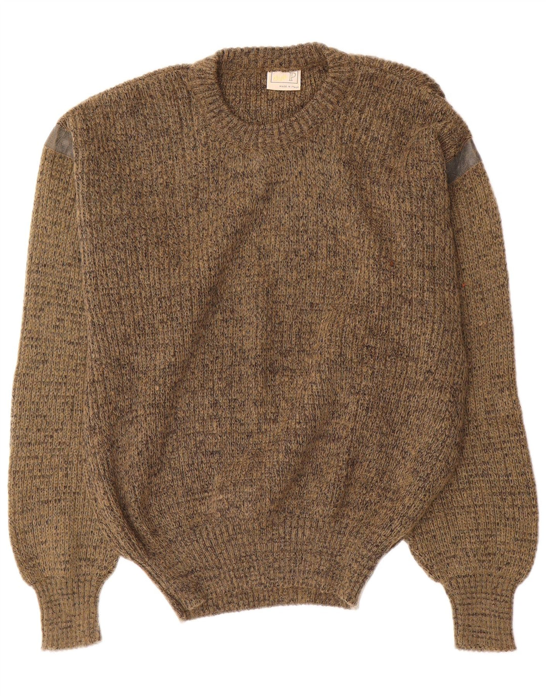 Męski sweter z okrągłym dekoltem w stylu vintage, średni khaki nakrapiany