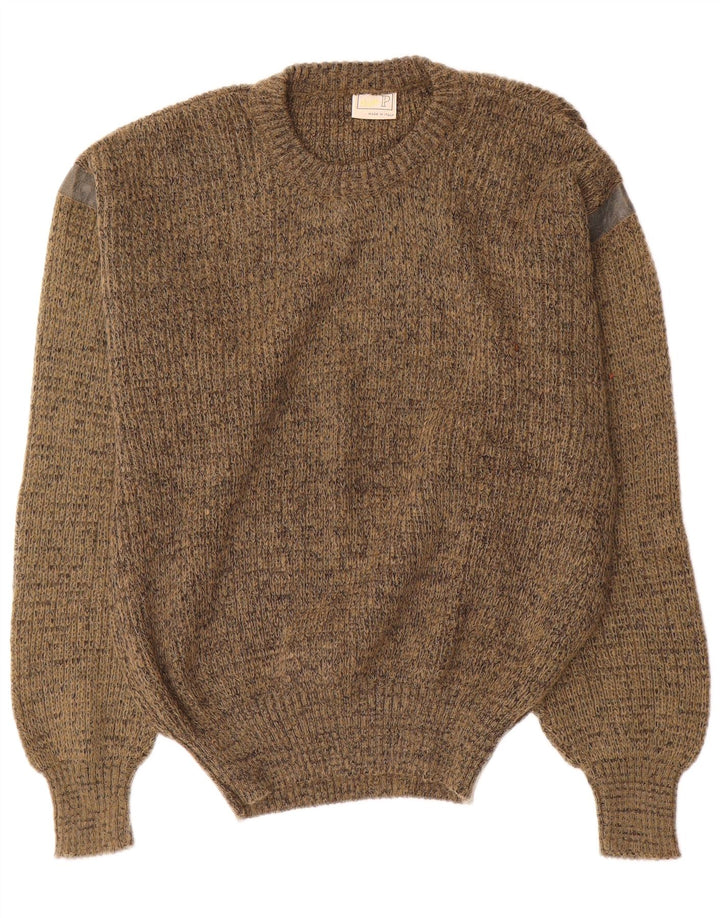 Męski sweter z okrągłym dekoltem w stylu vintage, średni khaki nakrapiany