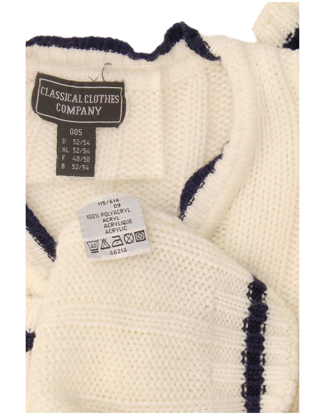 VINTAGE Mens V-Neck Jumper Sweater EU 52/54 Large White Polyacrylic
