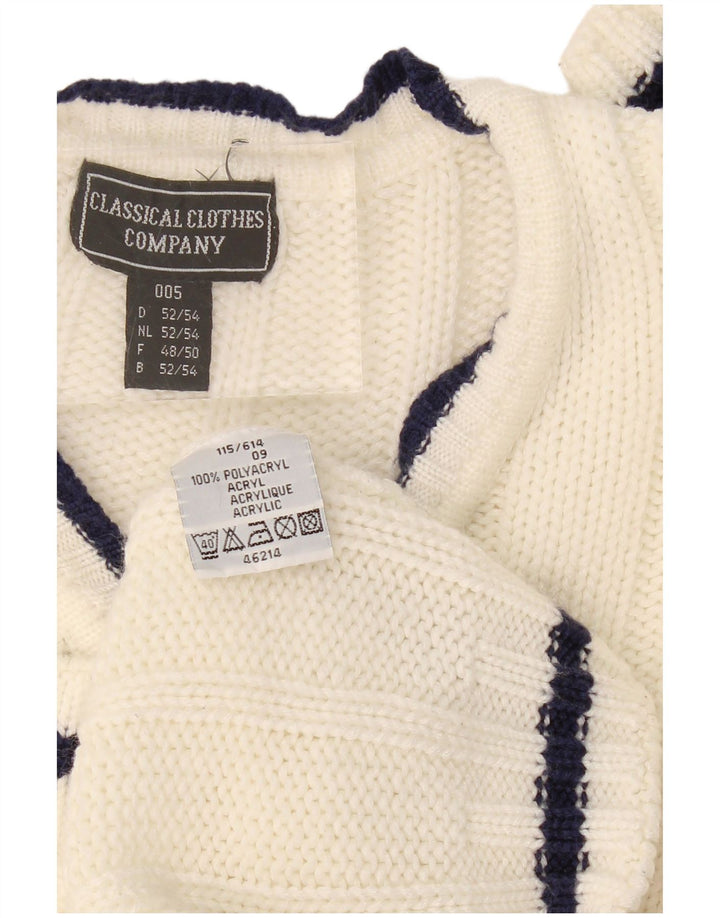 VINTAGE Mens V-Neck Jumper Sweater EU 52/54 Large White Polyacrylic