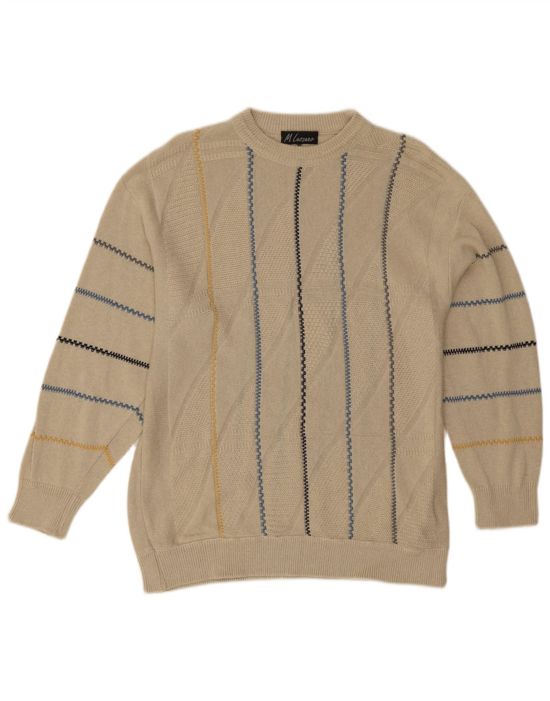 Vintage męski sweter z wycięciem pod szyją, duże beżowe paski