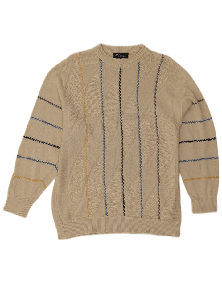Vintage męski sweter z wycięciem pod szyją, duże beżowe paski