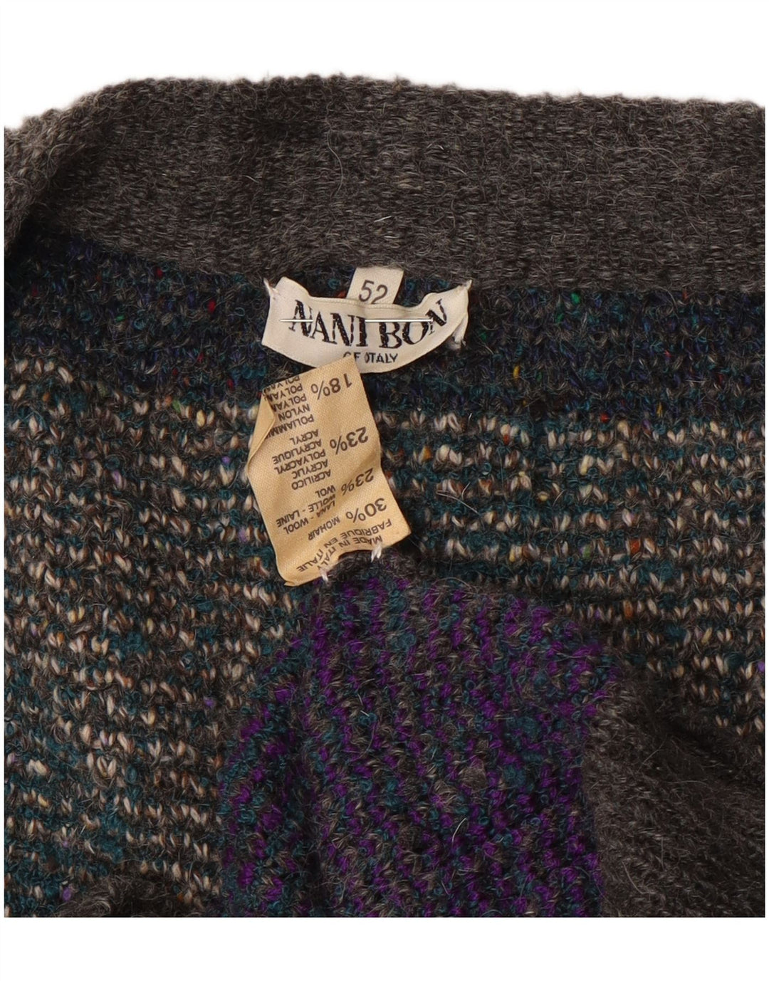 Męski sweter kardigan NANI BON IT 52, duża, szara wełna z blokami kolorów