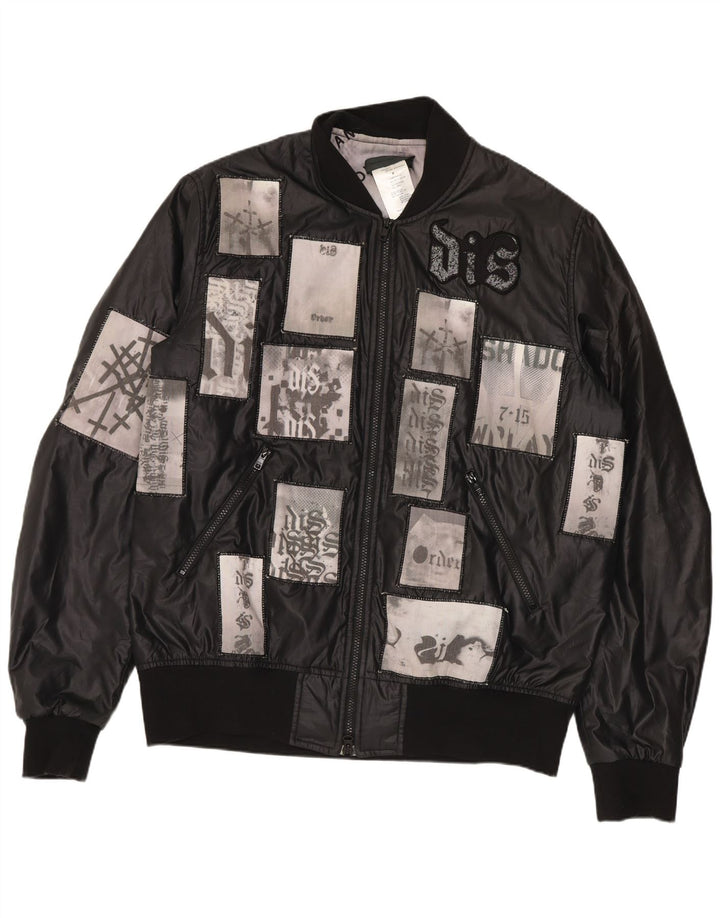 Vintage męska bomberka z grafiką, woskowana kurtka UK 38, średni czarny patchwork