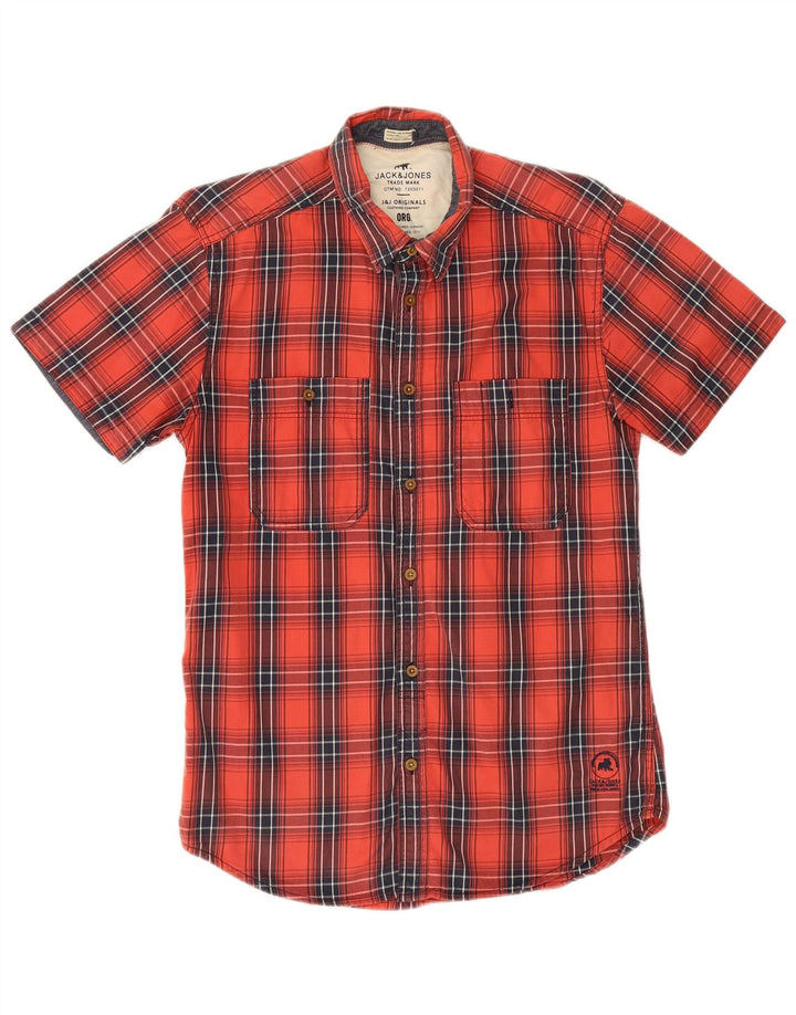 Koszula męska z krótkim rękawem Jack & Jones, bawełniana w średnią czerwoną kratkę