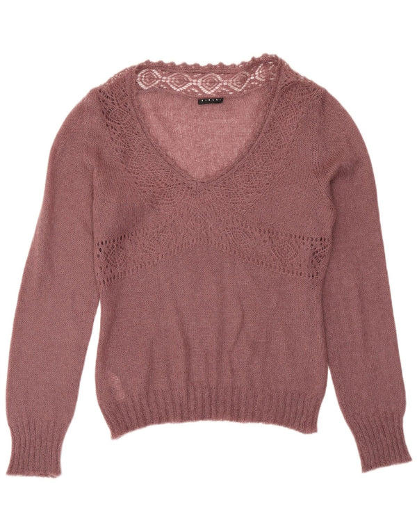 Sweter damski Sisley z dekoltem w kształcie litery V, UK 14, duży, fioletowy akryl