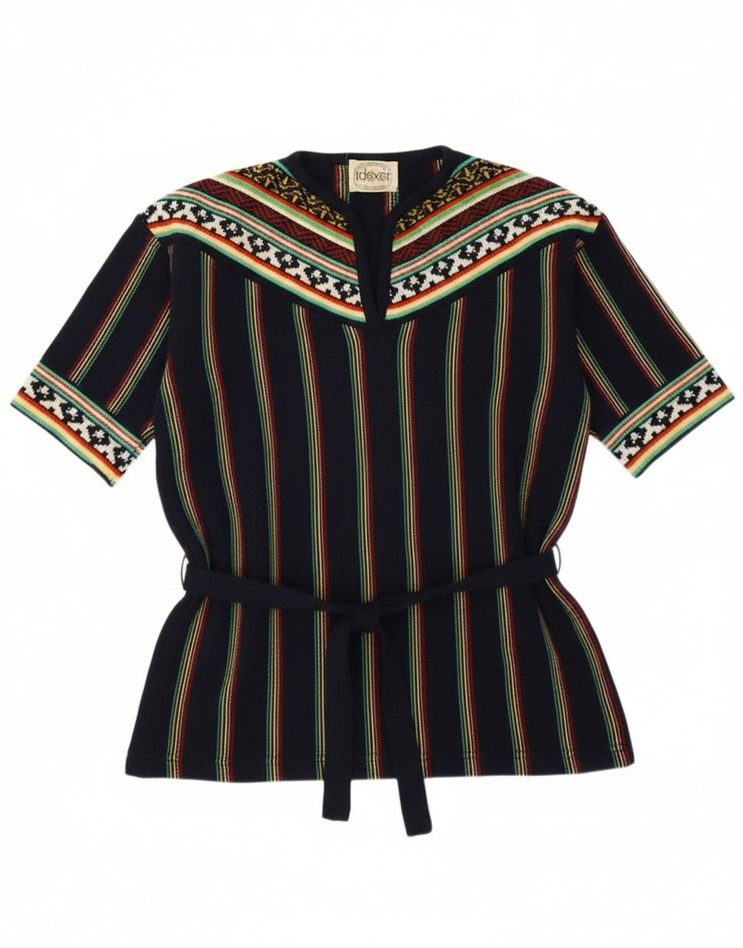 Sweter damski w stylu vintage z dekoltem w kształcie litery V, UK 12, średni granatowy w paski, retro