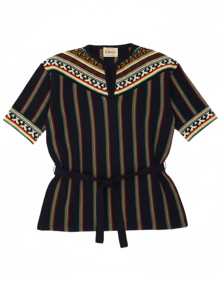 Sweter damski w stylu vintage z dekoltem w kształcie litery V, UK 12, średni granatowy w paski, retro